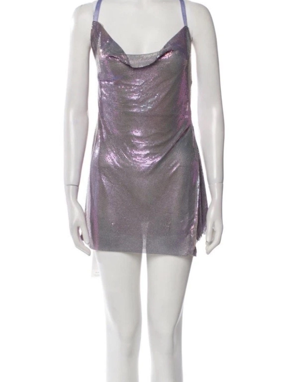 POSTER GIRL Calypso Dress Iridescent Silver Chainmail Mini Open Back Rare Small